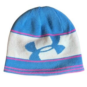 Under Armour Reversible Knit Beanie Hat Running Cap Pink Blue White Logo O/S